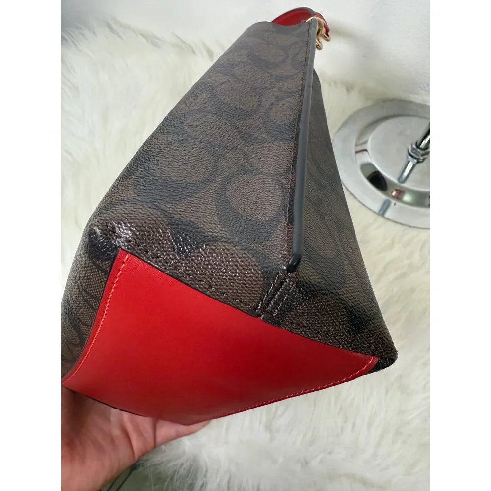 Coach Town Bucket Bag Red Brown Monogram Coated Canva Leather WT Matching Wallet